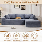 95" Boneless Cloud Sectional Couches for Living Room, Comfy Fluffy L Shaped Memory Foam Deep Seat Boneless Couch, Modular Sectional Sofa with Right Facing Chaise, Grey