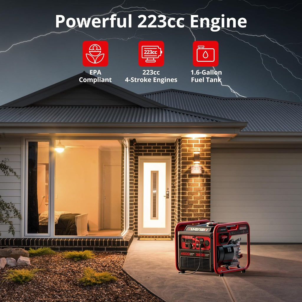 4500W Inverter Generator  Gas Powered 223cc 4-Stroke Engine CO Sensor & Parallel Ready  Quiet RV Generator with Eco Mode  120V 30A RV Outlet for Home Backup  Camping & Outdoor Power