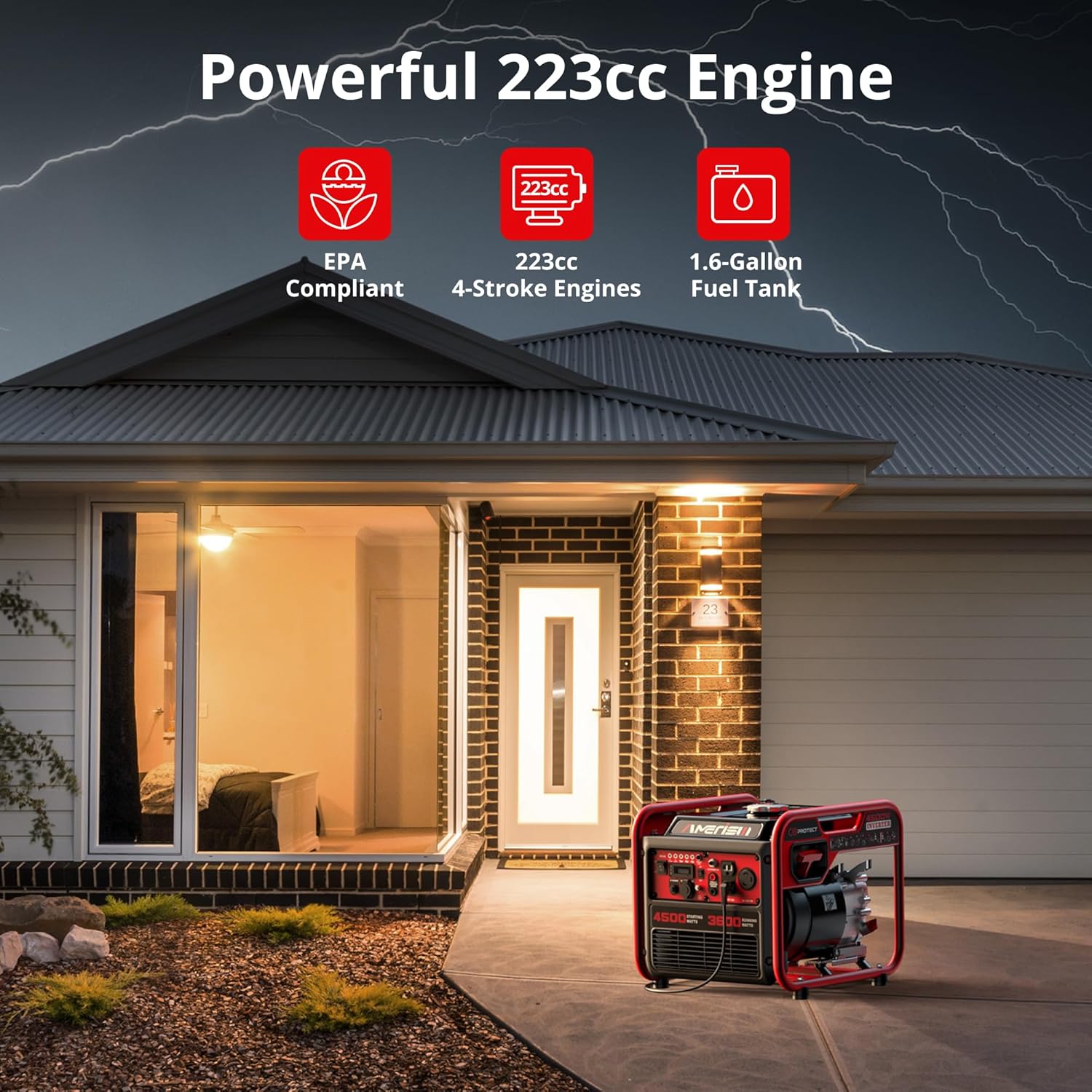 4500W Inverter Generator  Gas Powered 223cc 4-Stroke Engine CO Sensor & Parallel Ready  Quiet RV Generator with Eco Mode  120V 30A RV Outlet for Home Backup  Camping & Outdoor Power