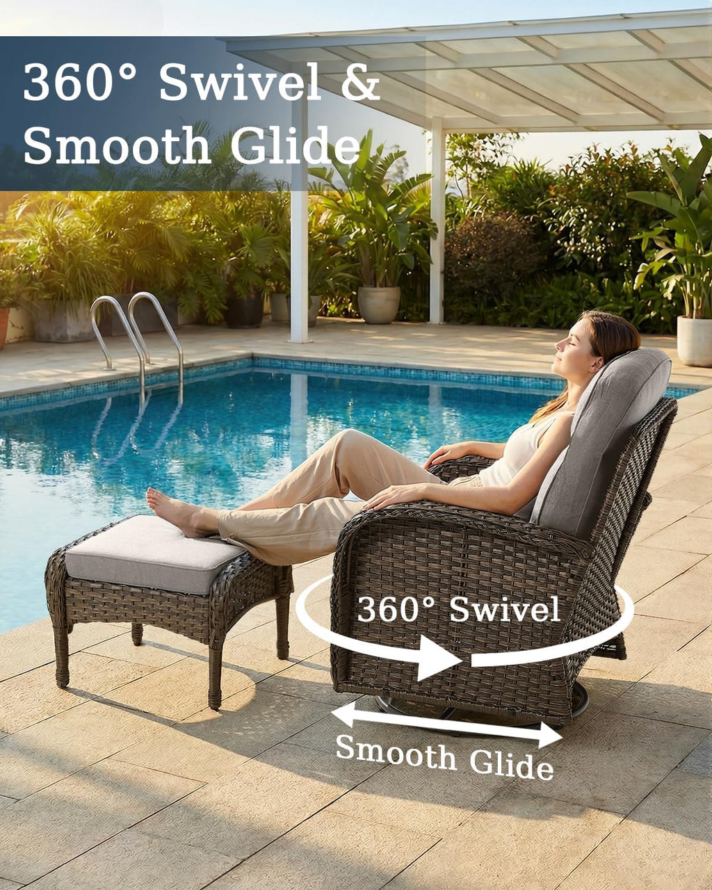 Luxury Outdoor Swivel Rocker Patio Chairs of 2 with Side End Table - 3 Piece Set with 6-Inch Smile Cushions High Back Brown Wicker Rattan Gliders Furniture for Porch Balcony Deck - Beige