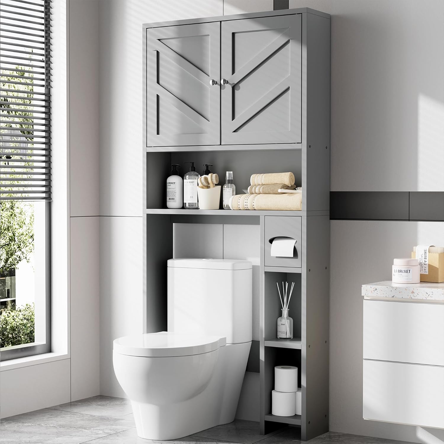 Meilocar Farmhouse Storage Cabinet Over Toilet with Toilet Paper Holder Stand, Freestanding Bathroom Storage Organizer Cabinet, Grey