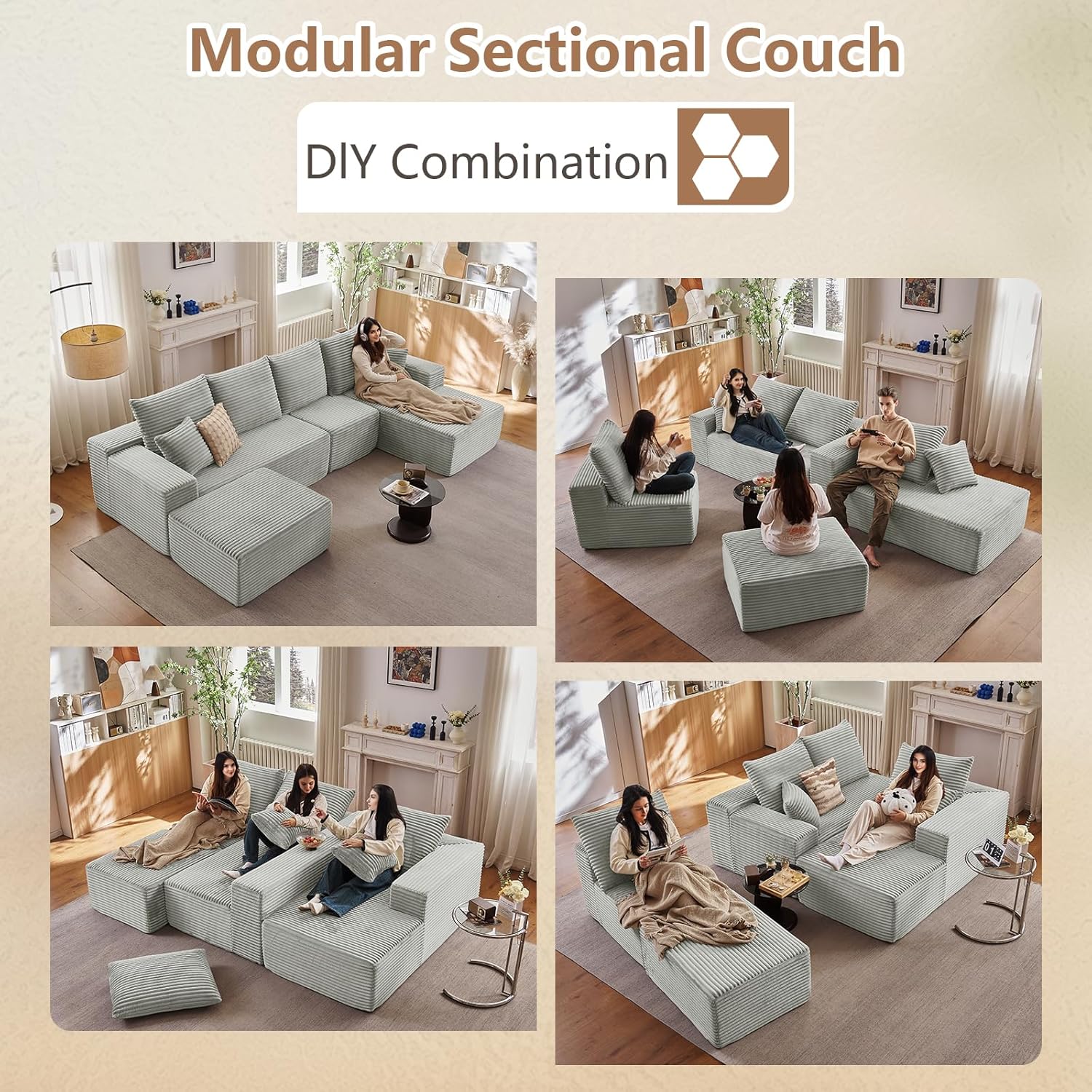135.4" Modular Sectional Sofa with Ottoman, Modern Corduroy Cloud Couch with Deep Seat, Boneless Couch Upholstered 4-Seater U-Shaped Sofa for Living Room, No Assembly (Grey, Right-Facing Chaise)
