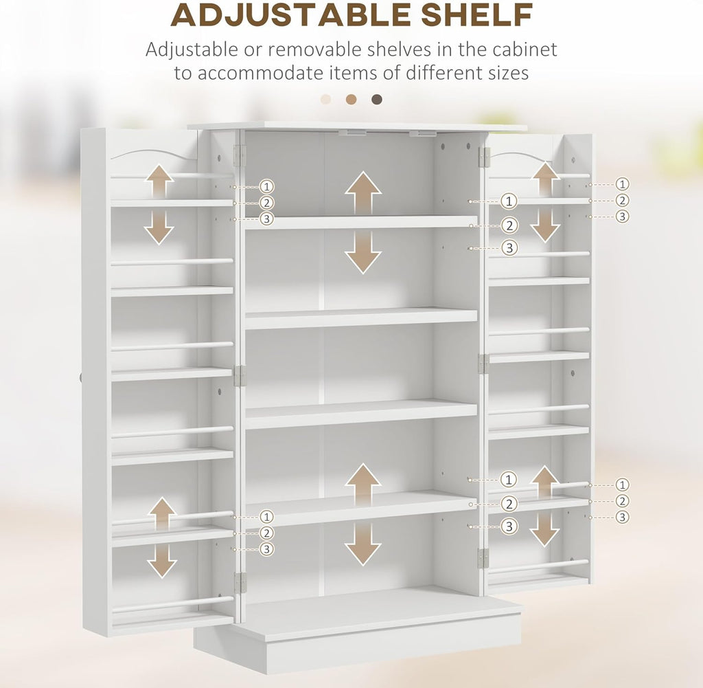 HOMCOM 41" Kitchen Pantry Storage Cabinet, Freestanding Kitchen Cabinet with 12 Door Shelves, Double Doors, 5-Tier Shelving and Adjustable Shelves, White