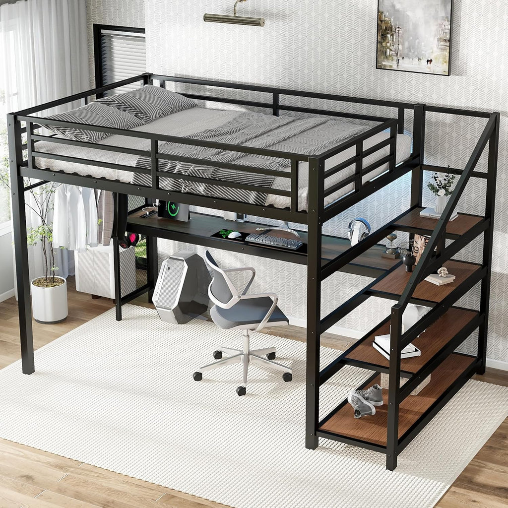 Bellemave Metal Full Size Loft Bed with Desk and Storage Stairs,Heavy Duty Loft Bed Frame Full Size with LED Lights and Charging Station for Kids,Teens,Adults,Black