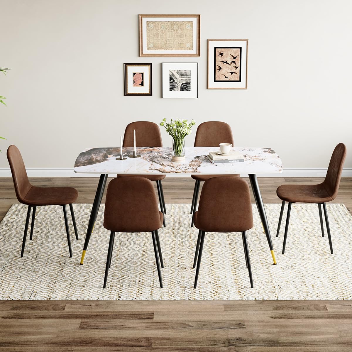 Dinner Table Set for 6, Sintered Stone Kitchen Table Top and Modern Chairs Set of 6 for Kitchen Dining Room