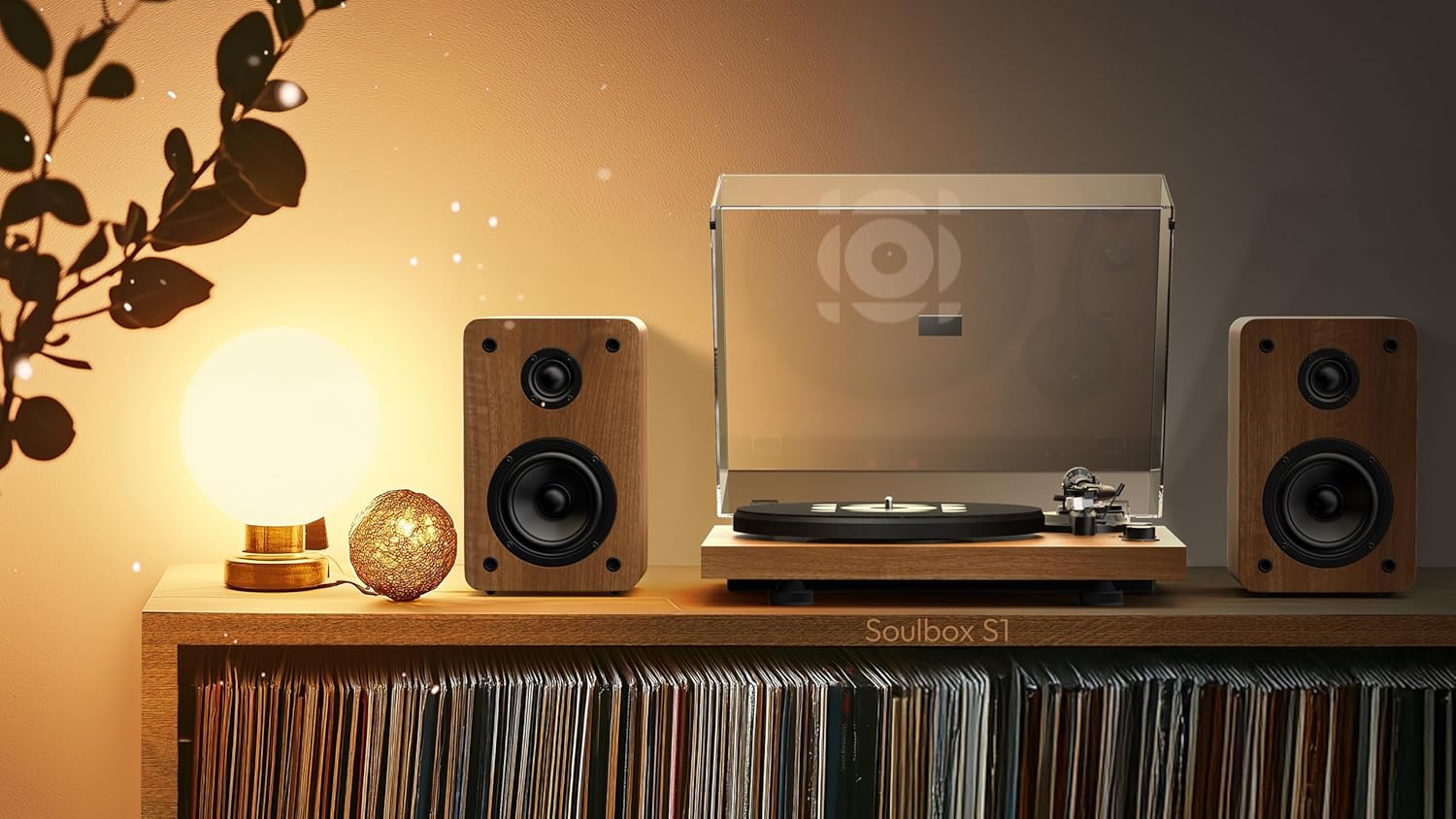 SoulBox S1 Vinyl Record Player with Stereo Speakers  Turntable with Built-in Preamp  S-Shaped Tonearm  33/45 RPM - Walnut