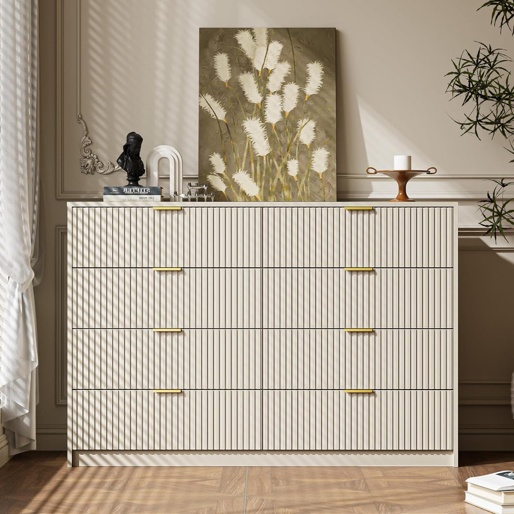 Beige Dresser for Bedroom, 8 Drawer Double Dresser, Modern Chest of Drawers for Bedroom, Living Room, Entryway and Closet, 55" L x 15.7" D x 37.4" H