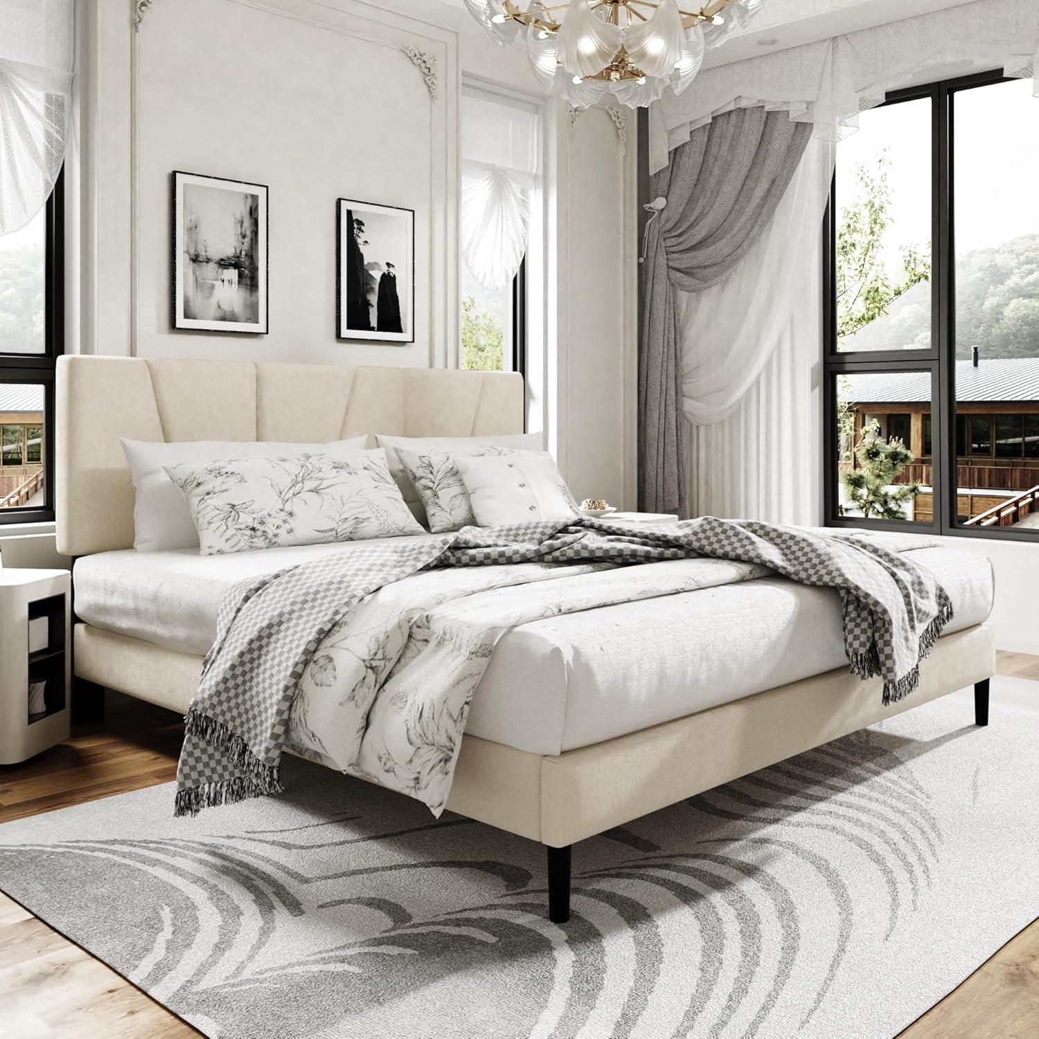 King Size Platform Bed Frame with Upholstered Headboard, Wooden Slats Support, Noise Free, No Box Spring Needed, Easy Assembly, Beige, Velvet