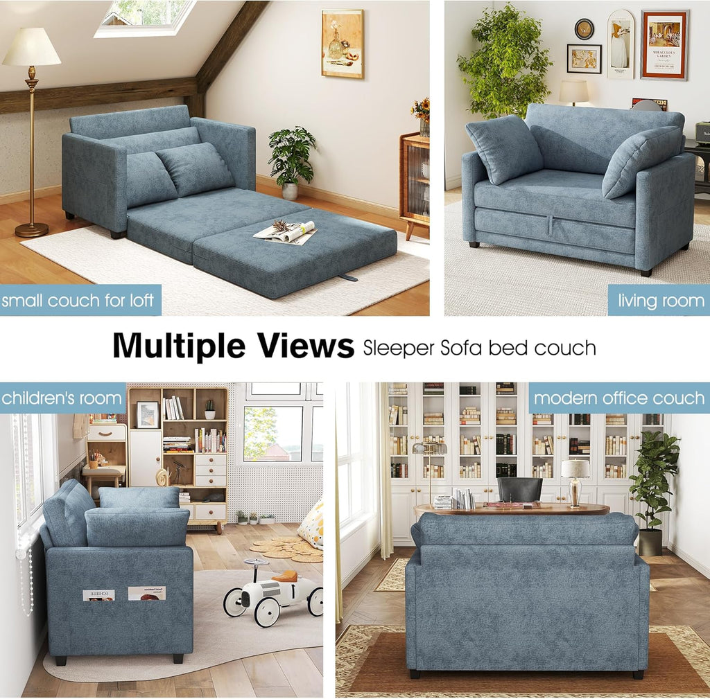 51" Loveseat Sleeper Sofa Bed, Chenille Convertible Floor Sofa Bed for Small Spaces, Folding Couch Bed with Deep Seat, 2 Pillows & Solid Frame, Pull Out Couch for Living Room, Light Blue