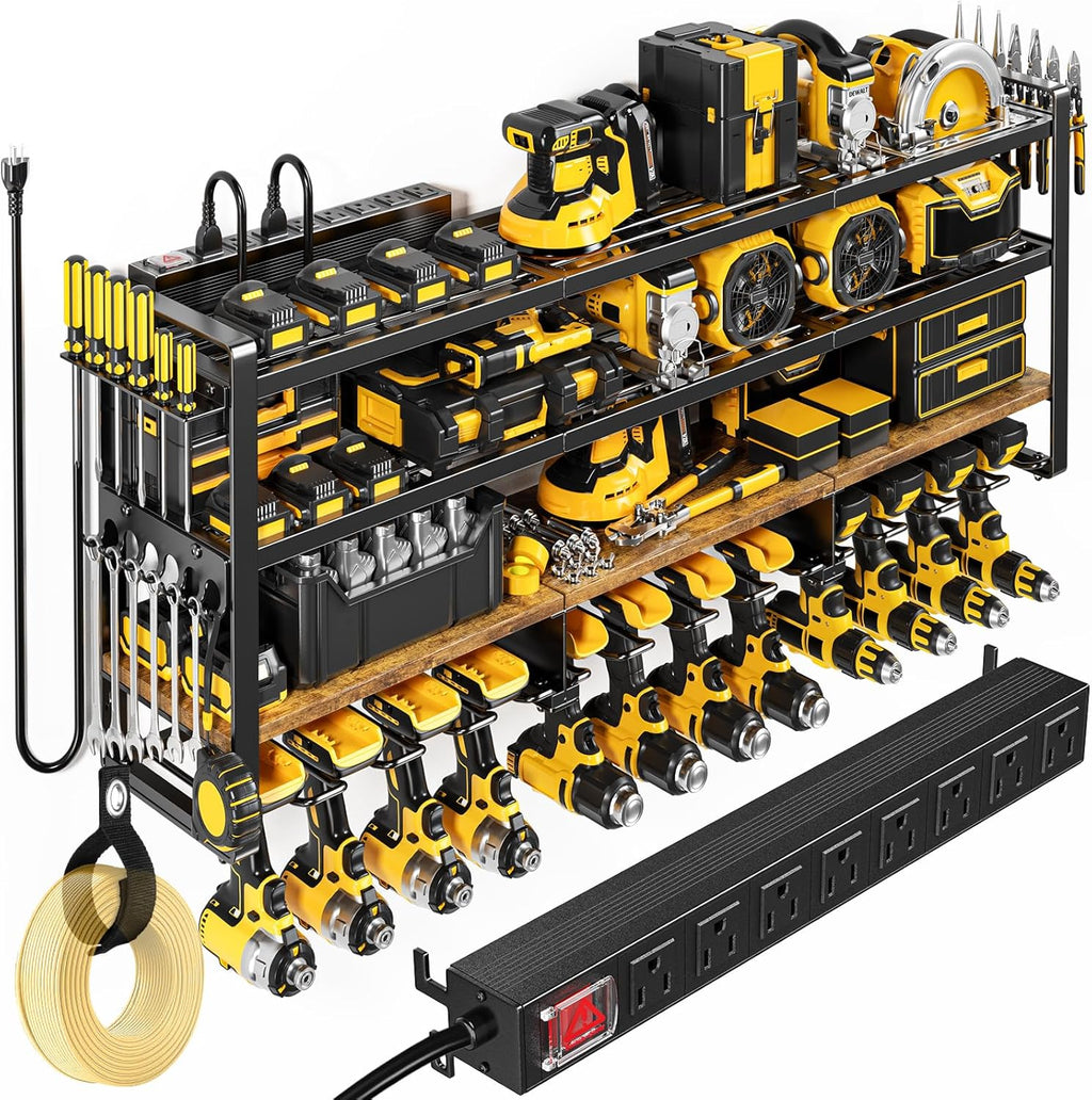 POKIPO 49.5" W Large Power Tool Organizer with Charging Station, 4 Layer Heavy Duty Utility Rack Loads 800lbs, Holds 12 Cordless Drills, Wall Mount Tool Shelf with 8-Outlet Power Strip, Gift for Men
