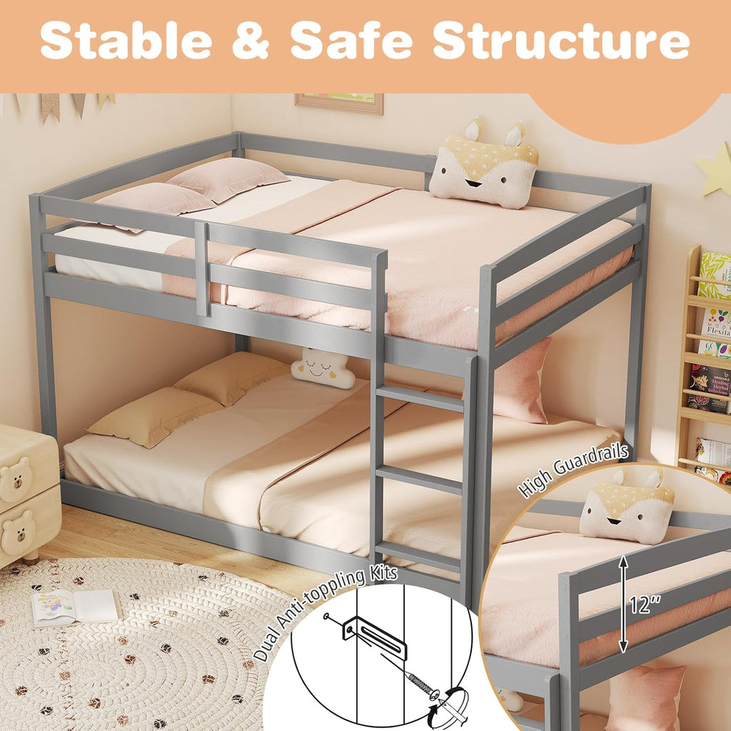 KOMFOTT Low Bunk Bed Full Over Full, Solid Wood Full Bed Frame with Built-in Ladder & Safety Guardrails, No Box Spring Needed, Space-Saving Low Bunk Bed for Kids & Teens