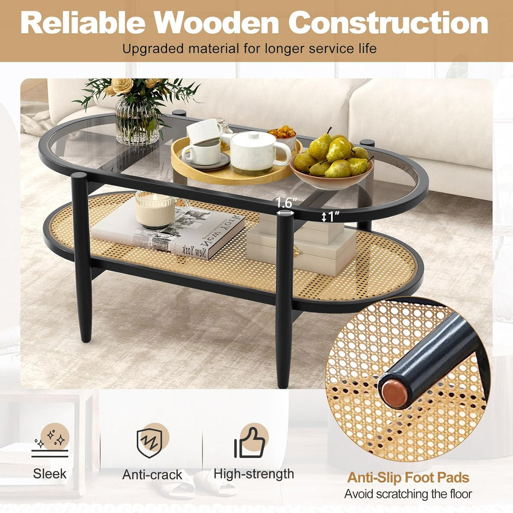 Giantex Rattan Coffee Table, 2-Tier Oval Wood Tea Table with Tempered Glass Tabletop & PE Rattan Storage Shelf, 40" Boho Cocktail Tables, Mid Century Modern Center Table for Living Room Office, Black