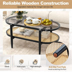 Giantex Rattan Coffee Table, 2-Tier Oval Wood Tea Table with Tempered Glass Tabletop & PE Rattan Storage Shelf, 40" Boho Cocktail Tables, Mid Century Modern Center Table for Living Room Office, Black