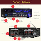 Pyle Bluetooth Hybrid Home Amplifier - 6-Channel 2000W Rack Mount Power Amplifier Receiver w/ Radio - Dual 10 Band EQ  Karaoke Microphone x2  USB  RCA  COAX  OPT  DVD Inputs  HiDef Input and Output