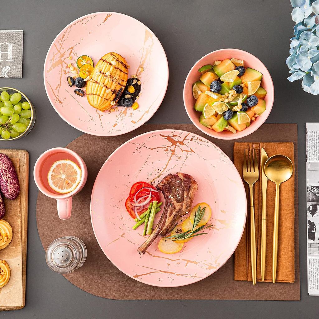 LOVECASA Pink Dinnerware Set for 4, 16 Piece Porcelain Dish With Plates, Bowls and Mugs, Gold Splash Glaze Round Modern Ceramic Dinner Set, Dishwasher Microwave Safe