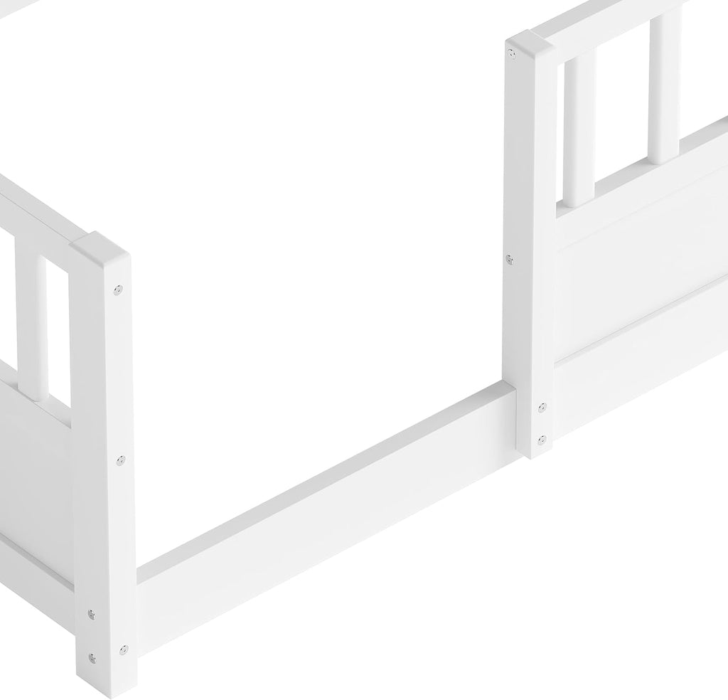 KEIKI Montessori Floor Bed Twin Size, Pine Wood Platform Bed Frame with Fence and Guardrail, Kids Bed with Side Storage Racks, Twin Floor Bed for Children, White