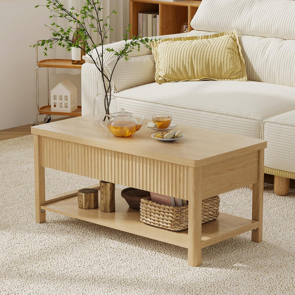 Lift Top Coffee Table with Storage for Living Room, 2-in-1 Modern Center Table & Desk with Hidden Storage Compartment & Open Shelf, Space Saving for Small Space & Apartment (Oak)