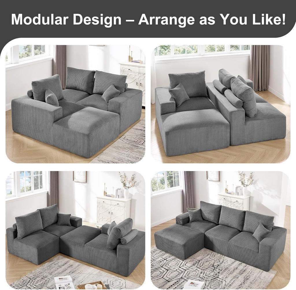 108" Modular Sectional Sofa, Compression Sofa with Deep Seat, Modular L-Shape Couch with Chaise, Upholstered Couches for Living Room Bedroom, No Assembly Required (Grey Corduroy, 108" L Shape)