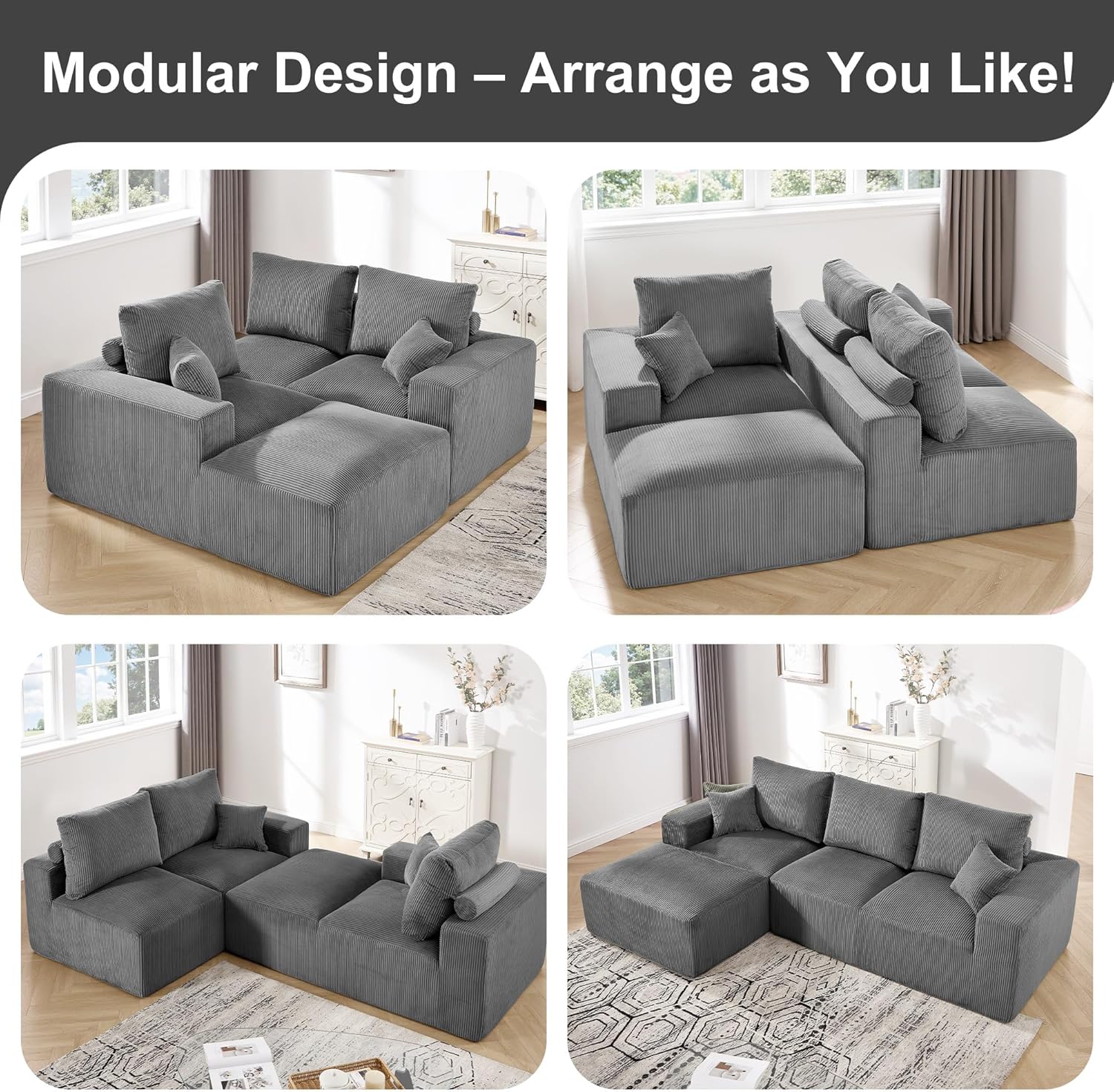 108" Modular Sectional Sofa, Compression Sofa with Deep Seat, Modular L-Shape Couch with Chaise, Upholstered Couches for Living Room Bedroom, No Assembly Required (Grey Corduroy, 108" L Shape)