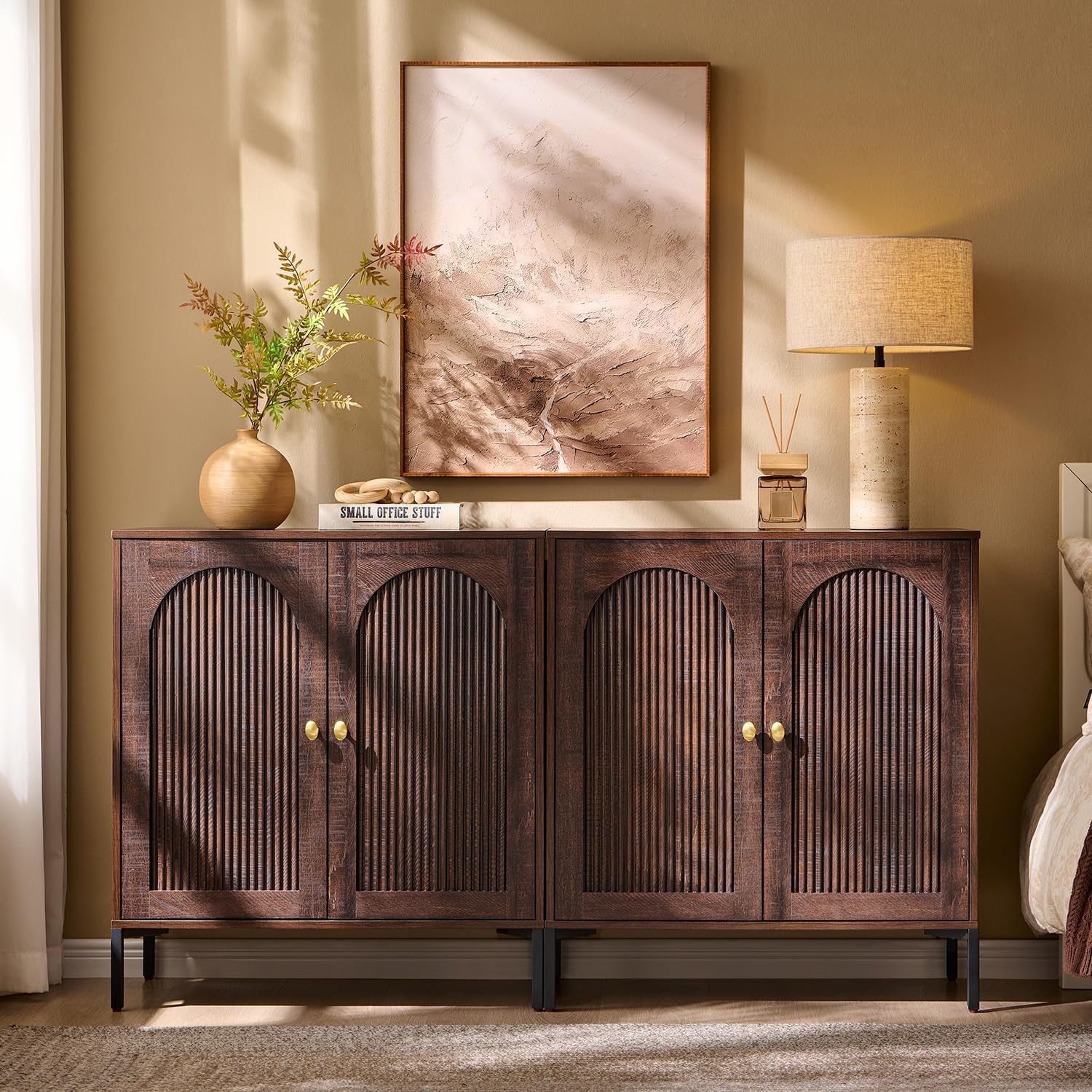 Modern TV Stands for 75 Inch TVs, 61.75‬"W Wood Entertainment Center w/Adjustable Shelves, Mid Century Modern TV Stand w/Arched Fluted Doors, Media Console Cabinet for Living Room, Brown