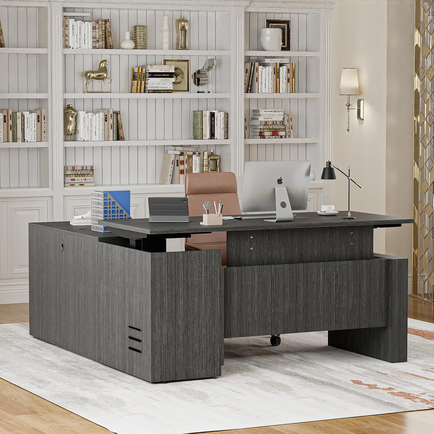 66.93" L Shaped Executive Standing Desk with Pre-Assembled Frame & Lockable Cabinets, Fixed Right-Facing Design, Dual-Motor Height Adjustable Sit-to-Stand Desk for Corporate & Home Office