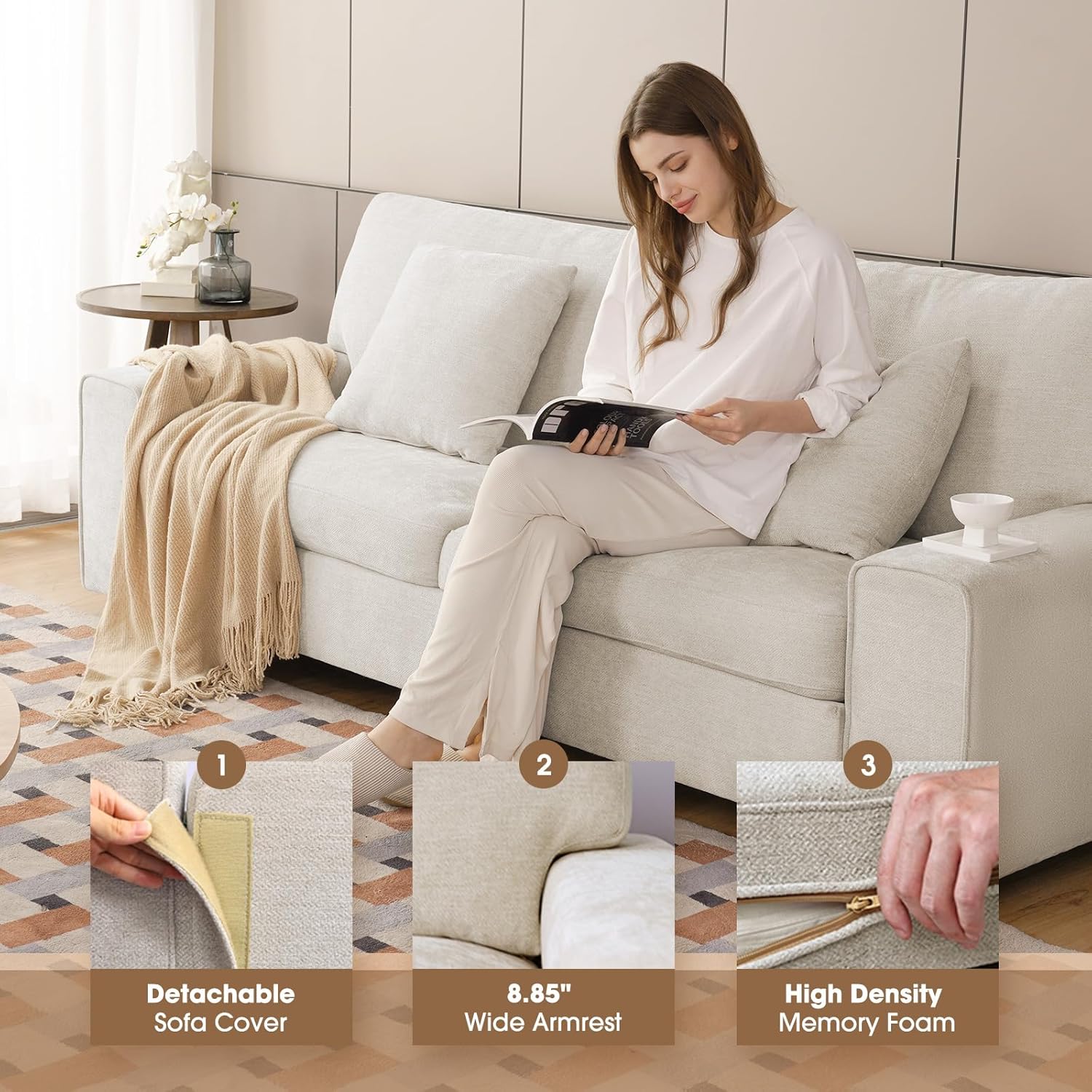DOPEDIO Modern Loveseat Sofa for Living Room,Chenille Recliner, Removable Cover, Spring Cushions, Solid Wood Frame, Easy Assembly for Small Spaces (71.25inch .Beige)