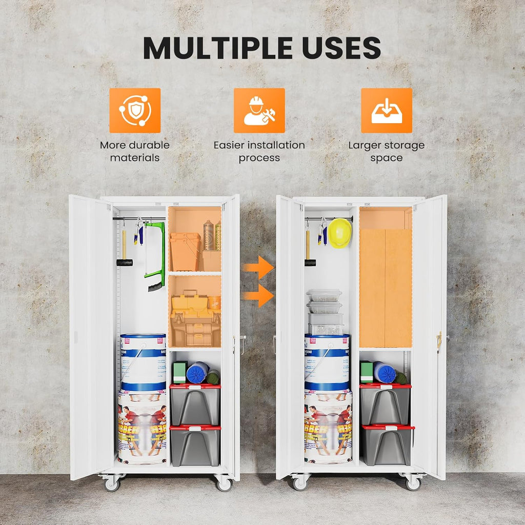 DUMOS 72" Metal Garage Storage Cabinet with Wheels, Tall Rolling Steel Tool Cabinet with Adjustable Shelves and Locking Doors, Lockable File Cabinet for Garage, Home, Office, Warehouse, White