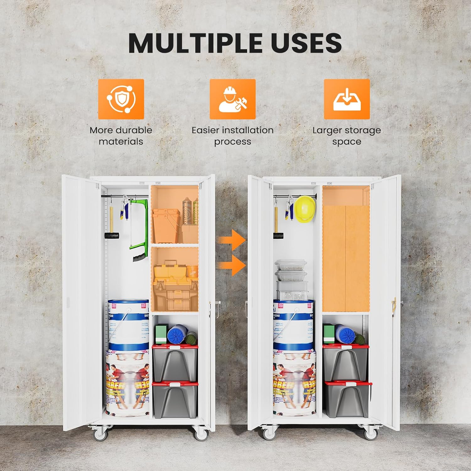 DUMOS 72" Metal Garage Storage Cabinet with Wheels, Tall Rolling Steel Tool Cabinet with Adjustable Shelves and Locking Doors, Lockable File Cabinet for Garage, Home, Office, Warehouse, White