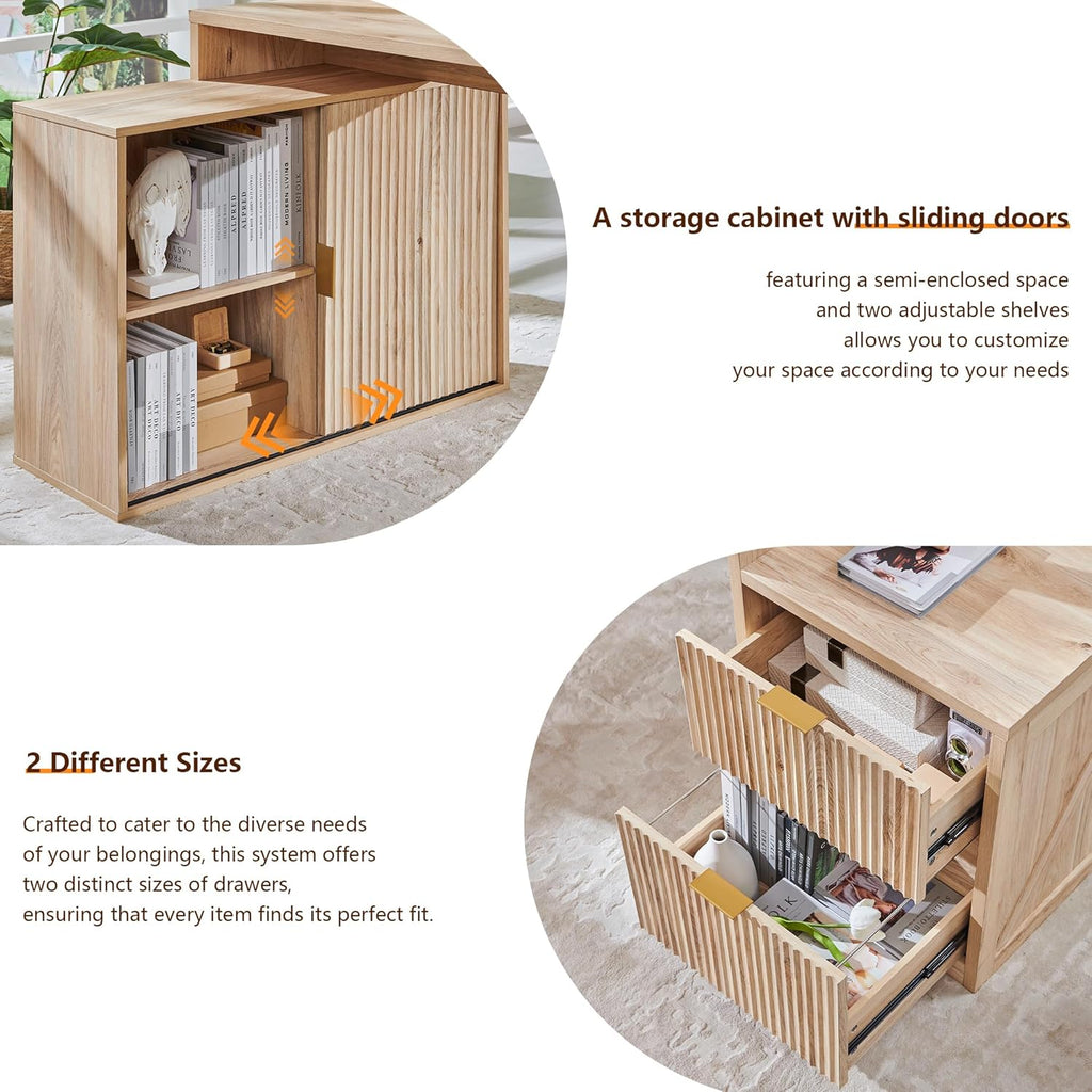 JXQTLINGMU 67" Modern L Shaped Desk with Storage Cabinet & Drawers, Wood Home Office Desk with Power Outlets, Fluted Computer Writing Desk, Natural Oak