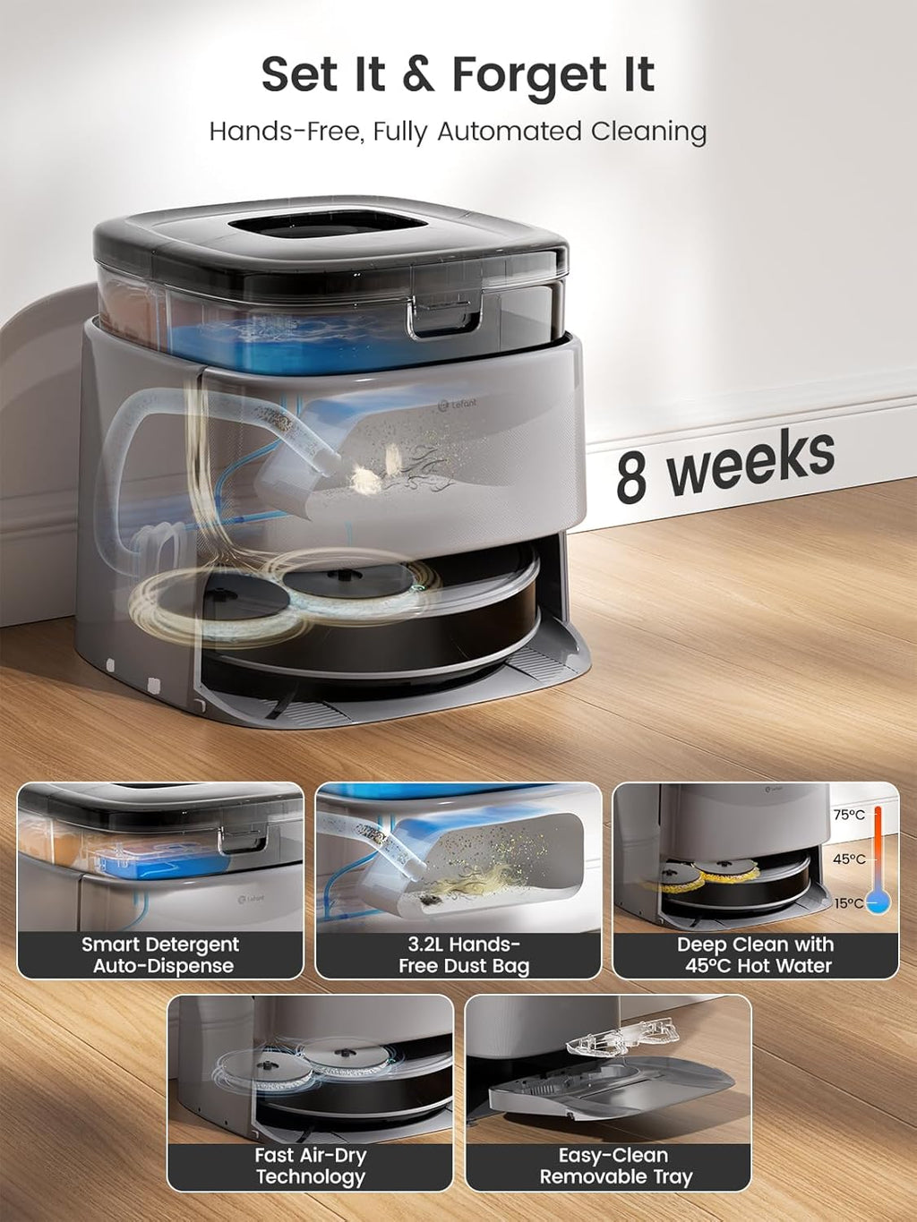Lefant LiDAR Robot Vacuum and Mop, 20000Pa Suction, 90-Day Self-Emptying, Obstacle Avoidance, Auto Mop Washing&Drying, All-in-One for Pet Hair Carpet, 5G WiFi Alexa/APP/iWatch Control, M3 Max