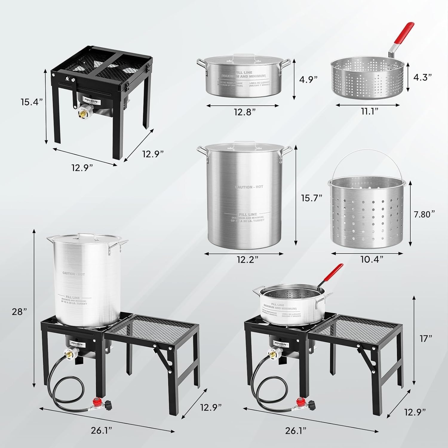 ROVSUN 30QT Turkey Fryer & 10QT Fish Fryer Kit w/ 55,000BTU Propane Stove, Aluminum Outdoor Deep Fryer & Seafood Boiler Steamer w/Baskets, Thermometer, Marinade Injector, Turkey Rack & Rack Lifter