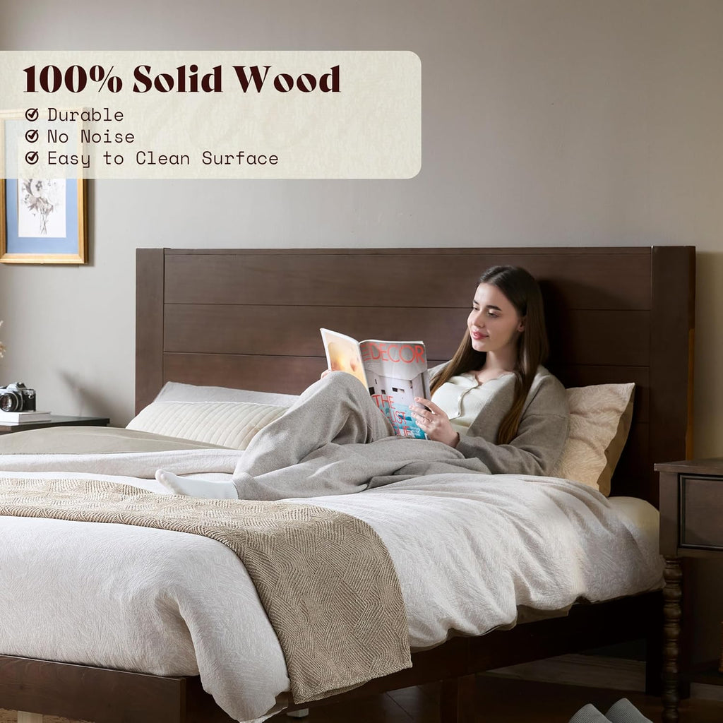 AMERLIFE Queen Sizes Solid Wood Bed Frame with 48" Headboard, Mid Century Modern Platform Bed with Silent Wood Slat System, No Box Spring Needed, Under-Bed Storage, Walnut