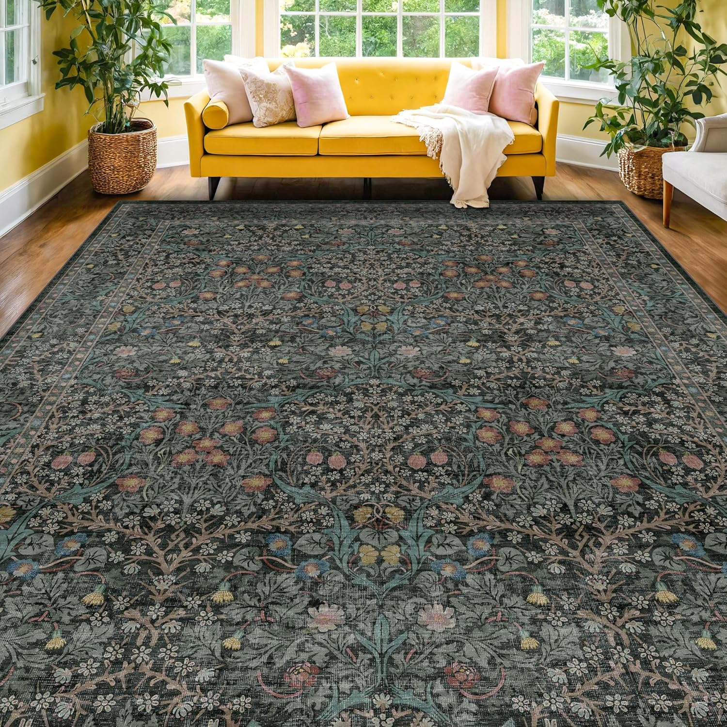 Vintage Washable Dark Green 10x14 Rug for Living Room - Extra Large Area Rug for Dining Room Under Table, Soft Low Pile Carpet for Bedroom - Vintage Floral Design Non-Slip (10x14 Dark Green)