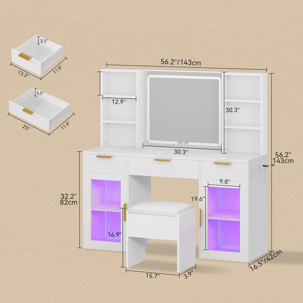 DWVO 56.3" Makeup Vanity with LED Lighted Mirror, Large Vanity Desk with RGB Glass Cabinets, Open Shelving, Built-in Power Strip & Cushioned Stool