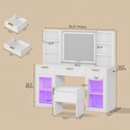 DWVO 56.3" Makeup Vanity with LED Lighted Mirror, Large Vanity Desk with RGB Glass Cabinets, Open Shelving, Built-in Power Strip & Cushioned Stool