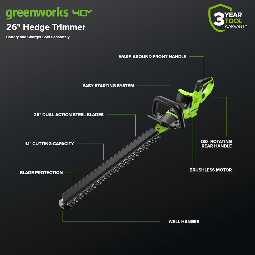 Greenworks 40V 26in Brushless Hedge Trimmer, Tool only