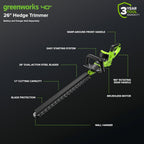 Greenworks 40V 26in Brushless Hedge Trimmer, Tool only
