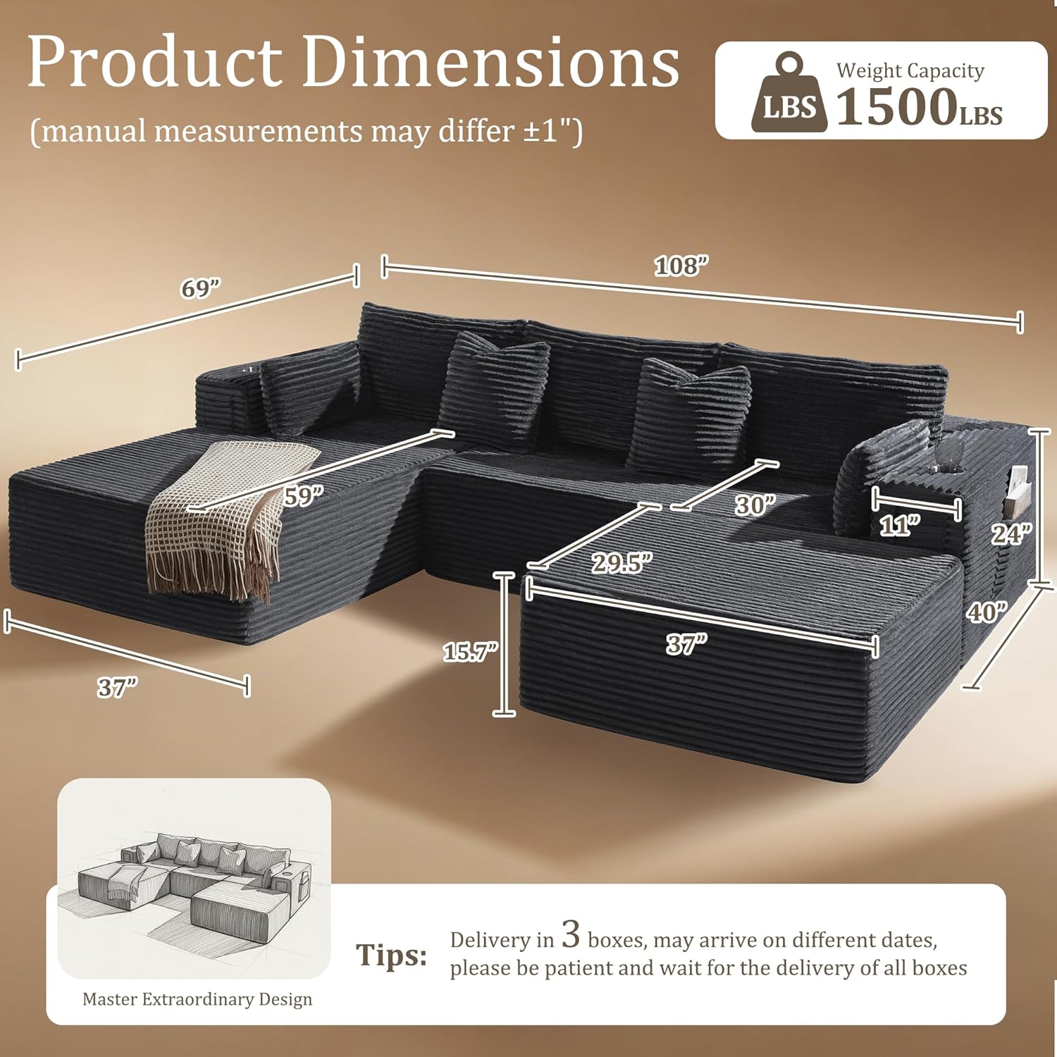 108" Cloud Sectional Couch, Comfort U Shaped Boneless Couch for Living Room, Extra Deep Seats No Assembly, Minimalist Modular Sofa, Corduroy (Dark Grey, 2 Seater+Left Facing Chaise+Ottoman)