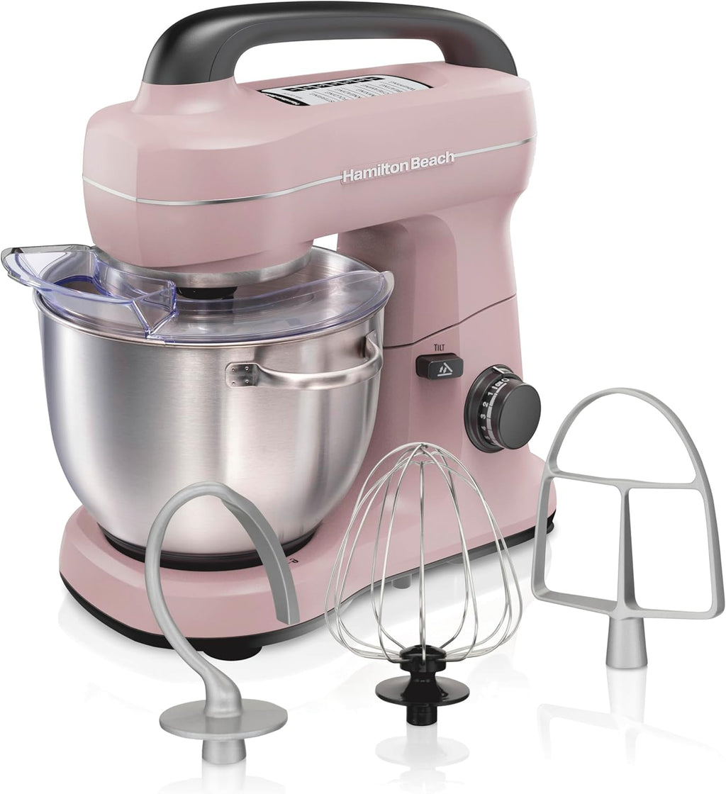 Hamilton Beach Electric Stand Mixer, 4 Quarts, Dough Hook, Flat Beater Attachments, Splash Guard, 7 Speeds with Whisk, Easy-Carry Top Handle, Pink