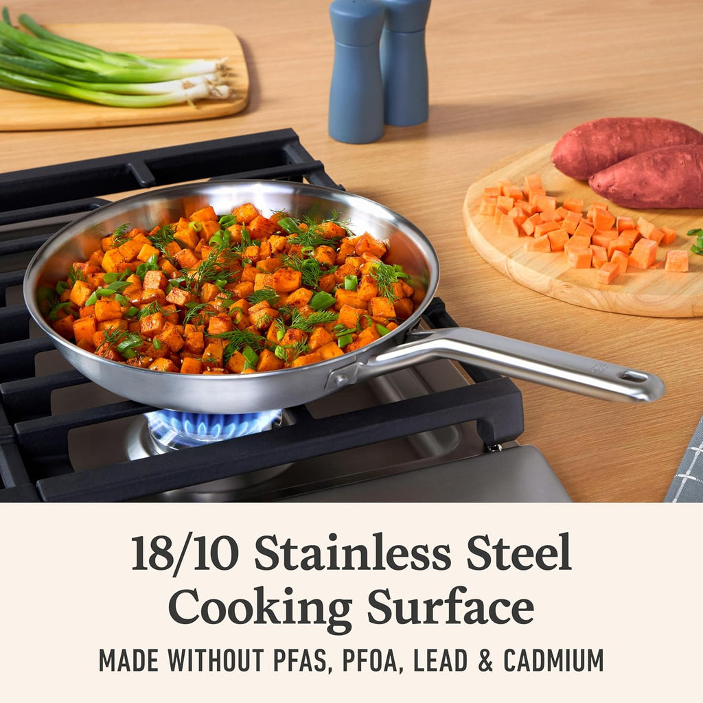 Calphalon Brushed 3-Ply Stainless Steel Cookware Set w/Turbo Heat Tech 3 Piece Includes Fry and Sauce Pan Set, Induction, Oven Safe 450F, Brushed Stainless Silver