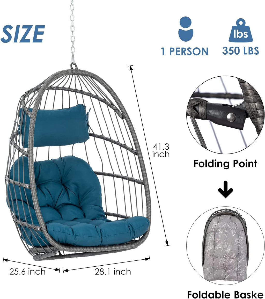 Hanging Egg Chair - Patio Rattan Wicker Swing Egg Chair Hammock Chair for Indoor Outdoor Bedroom Garden - Aluminum Steel Frame UV Resistant Cushion (Aluminum-Without Stand, Teal Blue)