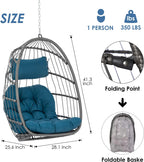 Hanging Egg Chair - Patio Rattan Wicker Swing Egg Chair Hammock Chair for Indoor Outdoor Bedroom Garden - Aluminum Steel Frame UV Resistant Cushion (Aluminum-Without Stand, Teal Blue)