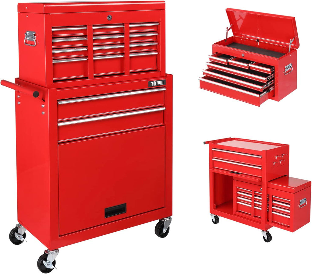 TUFFIOM 8-Drawer Rolling Tool Chest, Wheeled Tool Storage Cabinet w/Detachable Top, Drawers & Side Hooks, Mechanic Tool Organizer Box for Garage Warehouse Repair Shop