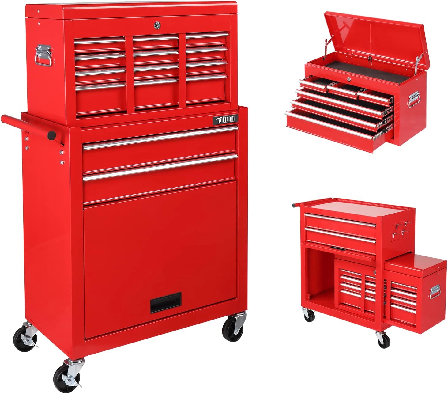TUFFIOM 8-Drawer Rolling Tool Chest, Wheeled Tool Storage Cabinet w/Detachable Top, Drawers & Side Hooks, Mechanic Tool Organizer Box for Garage Warehouse Repair Shop