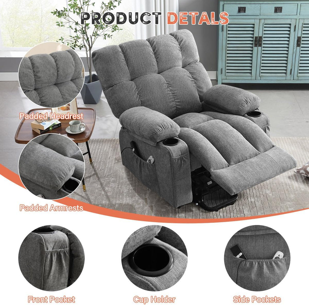BOSMILLER Power Lift Recliner Chair with Massage and Heat for Elderly, Electric Recliner Single Sofa with Two Cup Holders, Extended Footrest, Side Pocket and USB Charge Port for Living Room