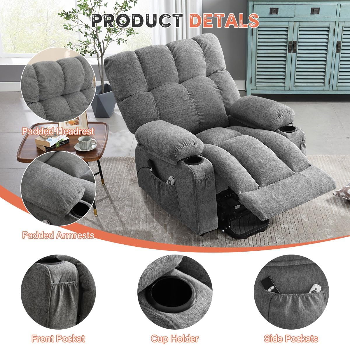 BOSMILLER Power Lift Recliner Chair with Massage and Heat for Elderly, Electric Recliner Single Sofa with Two Cup Holders, Extended Footrest, Side Pocket and USB Charge Port for Living Room