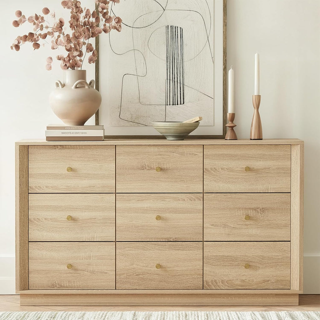 9 Drawer Dresser, Mid Century Modern Dresser with Storage, 55" Wide Chest of Drawers with Wood Grain Texture, Dressers TV Stand for Bedroom, Living Room, Hallway, White Oak