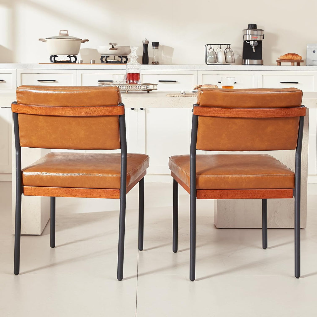 Modern Dining Chairs Set of 4, Kitchen Chairs with Thick Cushions and Adjustable Foot Pads, Upholstered Faux Leather Dining Room Chairs with Sturdy Metal Legs,Brown