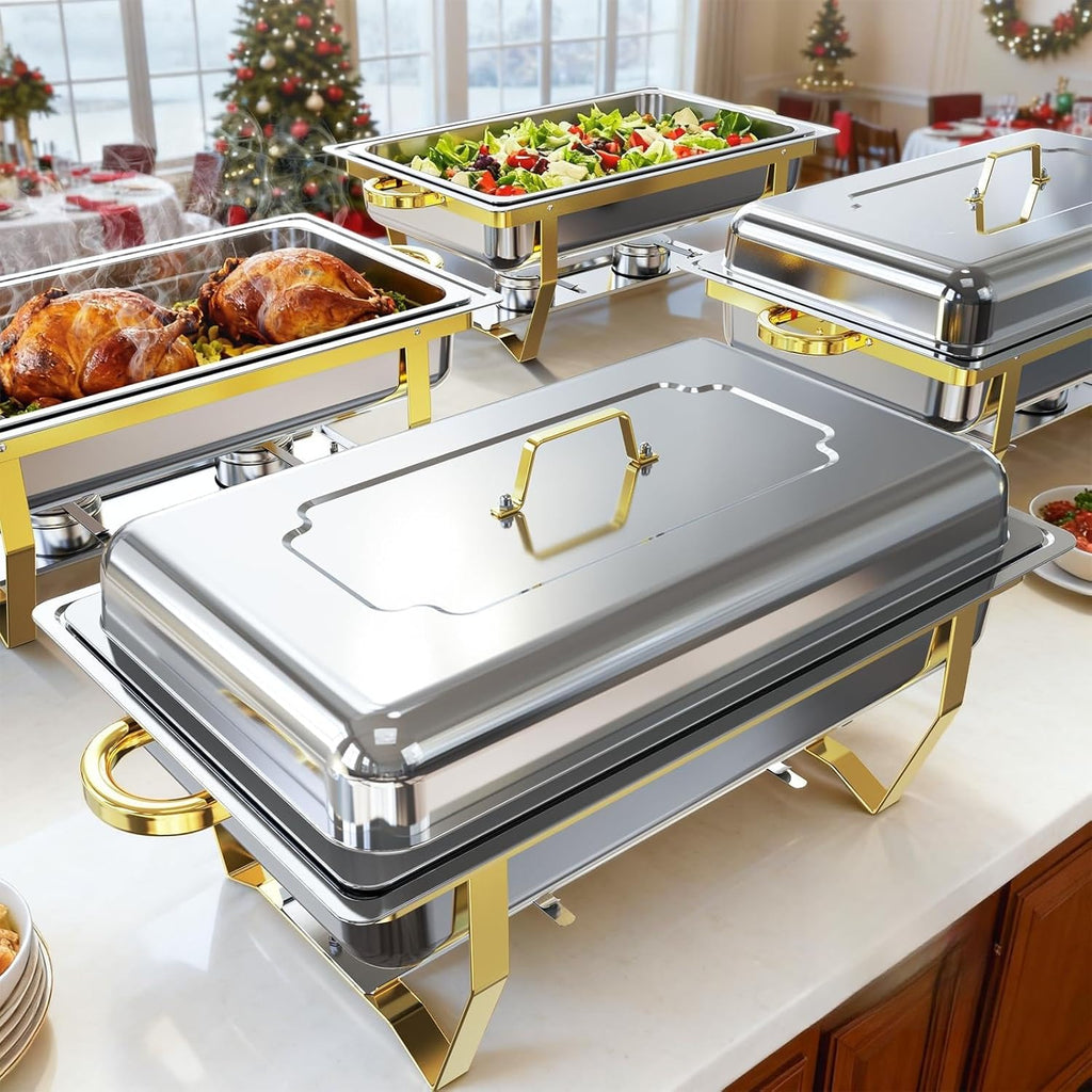 Chafing Dishes for Buffet 4 Pack, High Grade Chafing Dish Buffet Set, Buffet Food Warmers Screw-Free Installation with Stackable Design for Wedding/Home/Christmas Buffets, 4 Full Size Pans