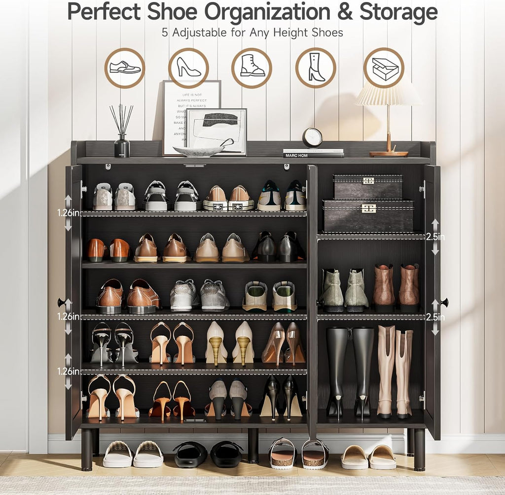 ONBRILL Shoe Cabinet with 3 Doors and Adjustable Shelves, 30 Pairs Shoe Storage Cabinet, 40 Inch Tall Farmhouse Shoe Rack Shoe Organizer Cabinet for Entryway Living Room Closet, Black